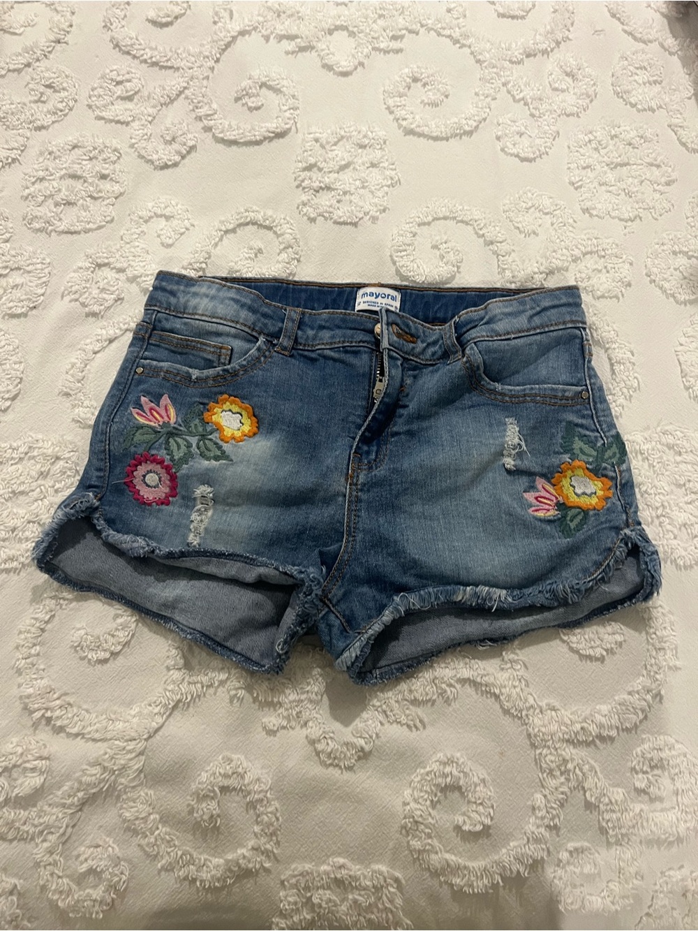 Mayoral Girls' Blue Embroidered Denim Shorts